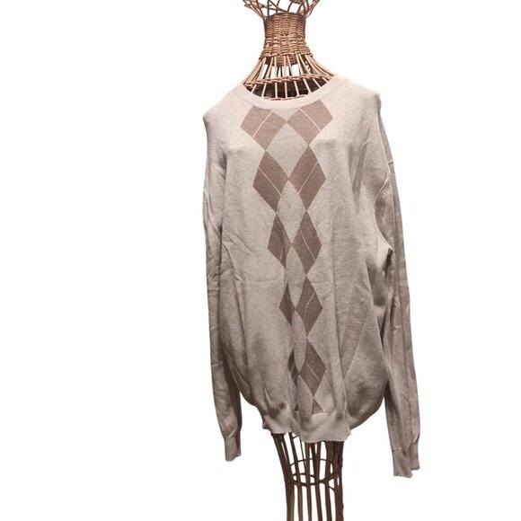 Perry Ellis Mens Argyle Sweater XL Beige & Brown Cotton Blend Crewneck - Picture 2 of 9